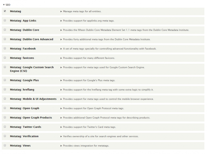 metatag モジュールとサブモジュールの一覧