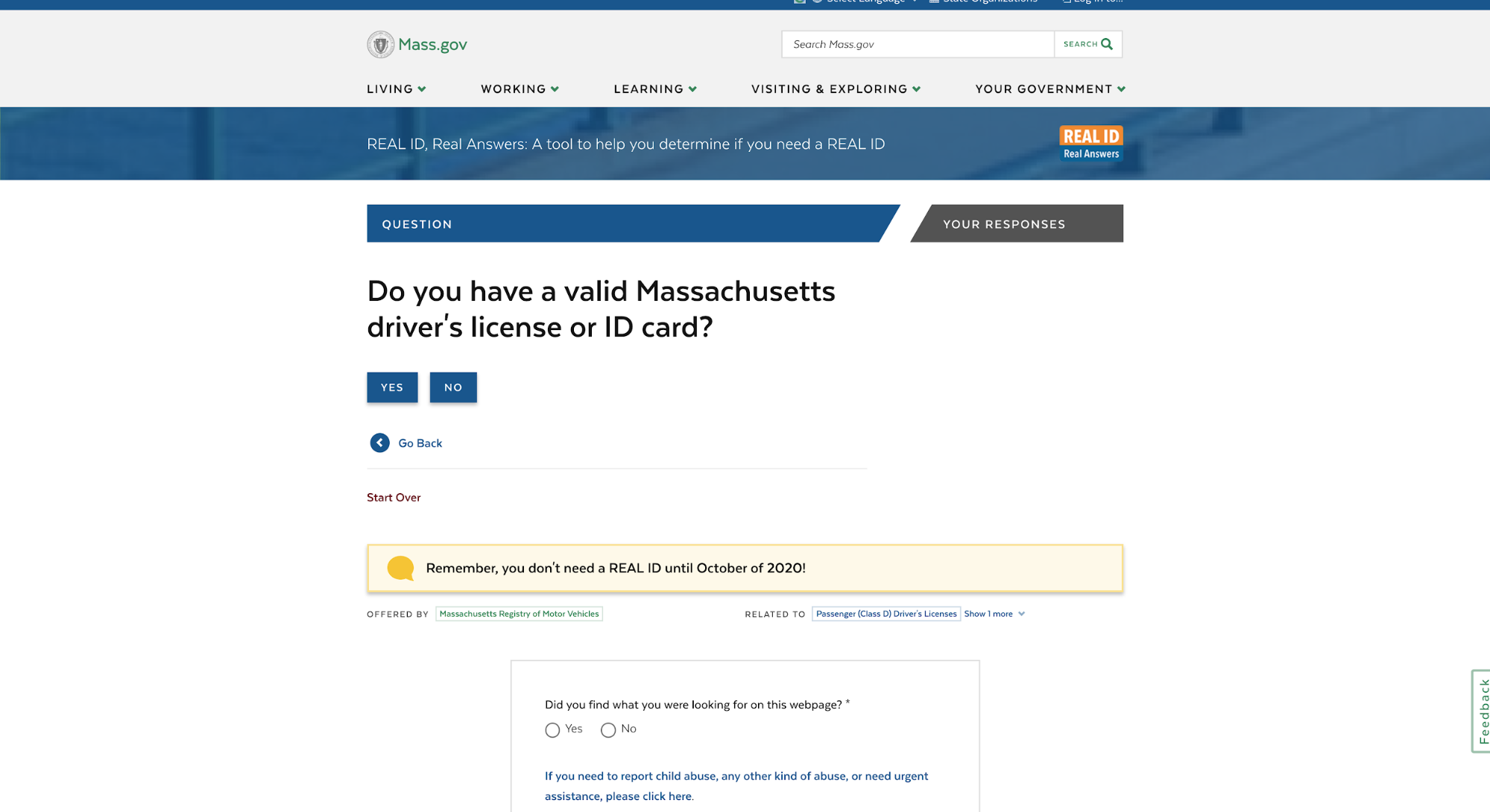 mass.gov 上の REAL ID に関する説明ページのスクリーンショット