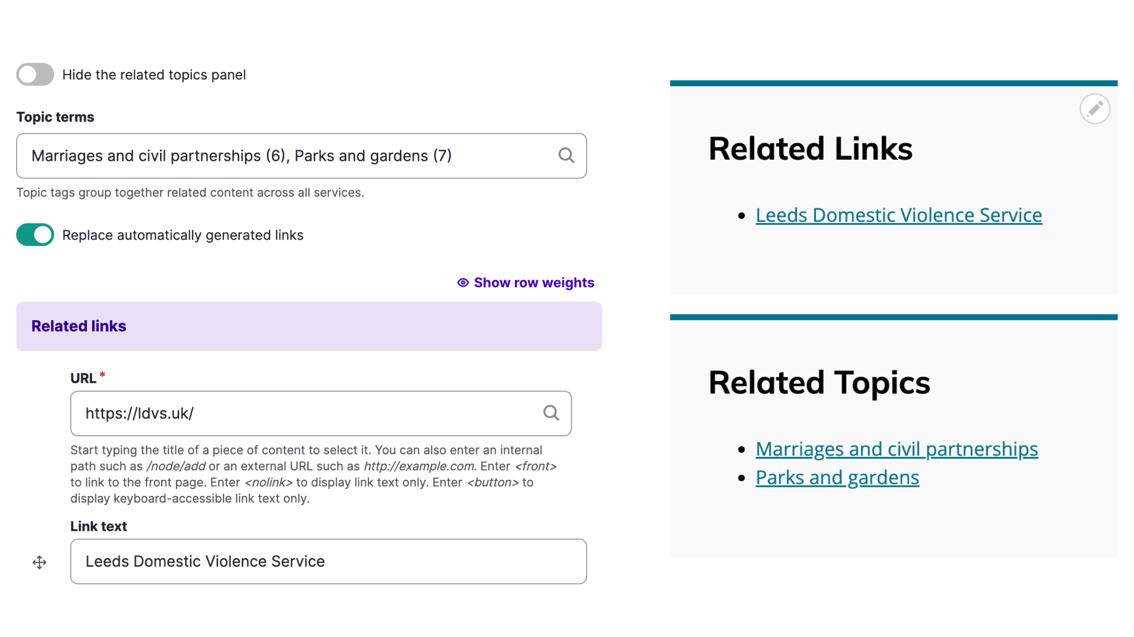 左側は関連コンテンツ情報の入力フォームで、右側はそれがどのようにエンドユーザーに表示されるかの例