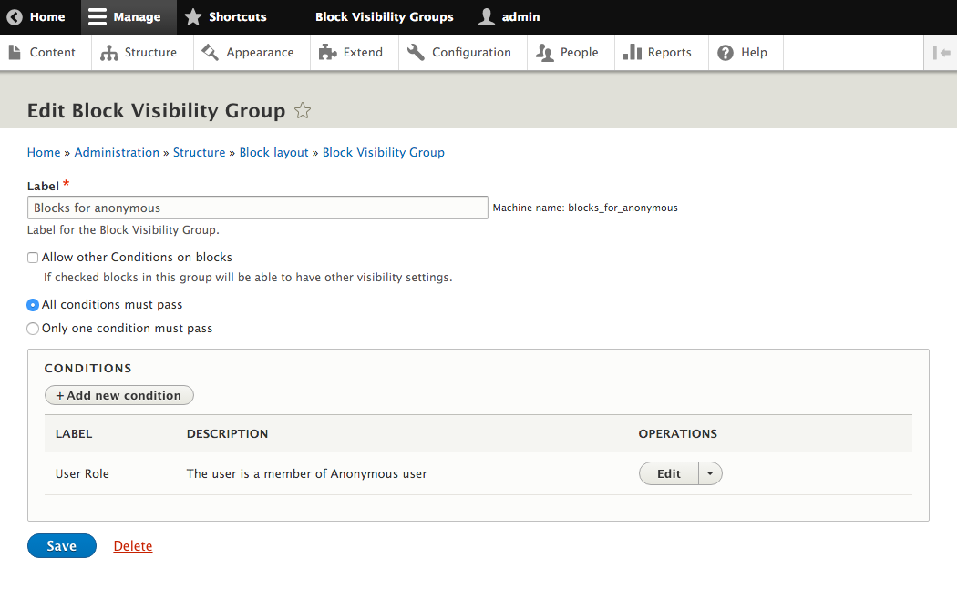 Drupal8のBlock visibility group