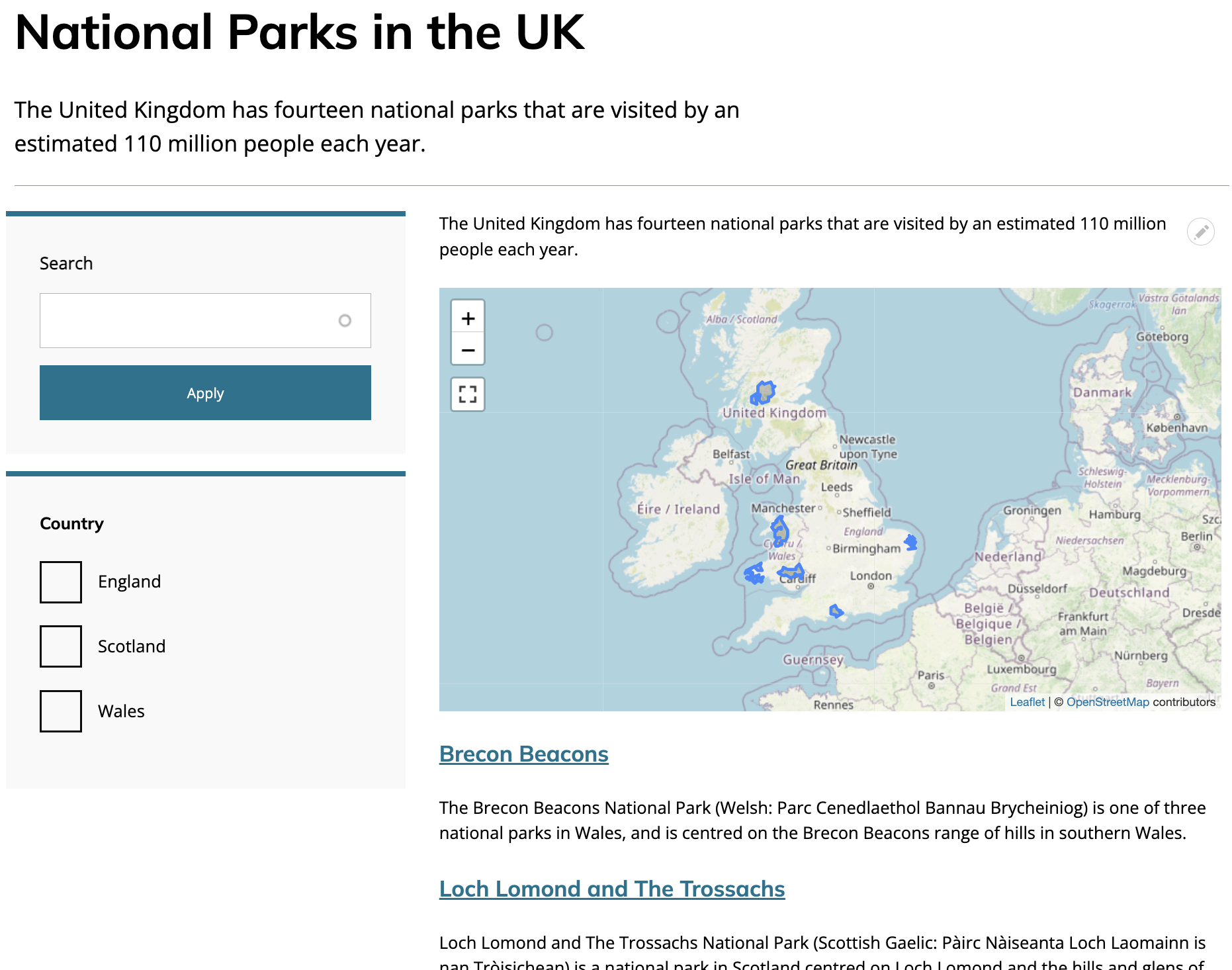 ディレクトリーチャンネルの例。左サイドバーに検索フォームと地域フィルター、右側上に地図と、その下に結果一覧が表示されている