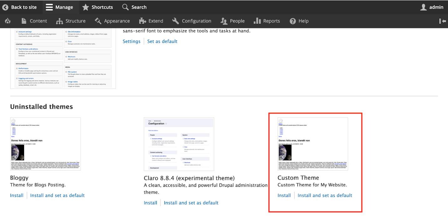 Screenshot of the Appearance admin page