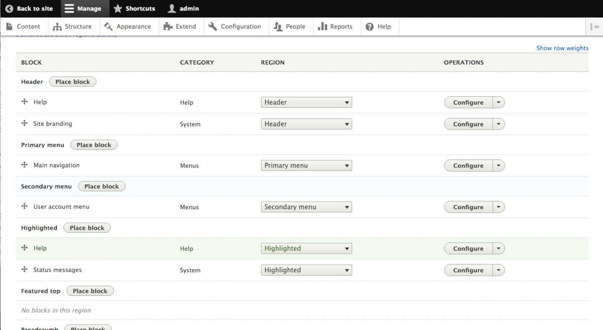 Drupal8では複数リージョンへのブロックの配置が可能