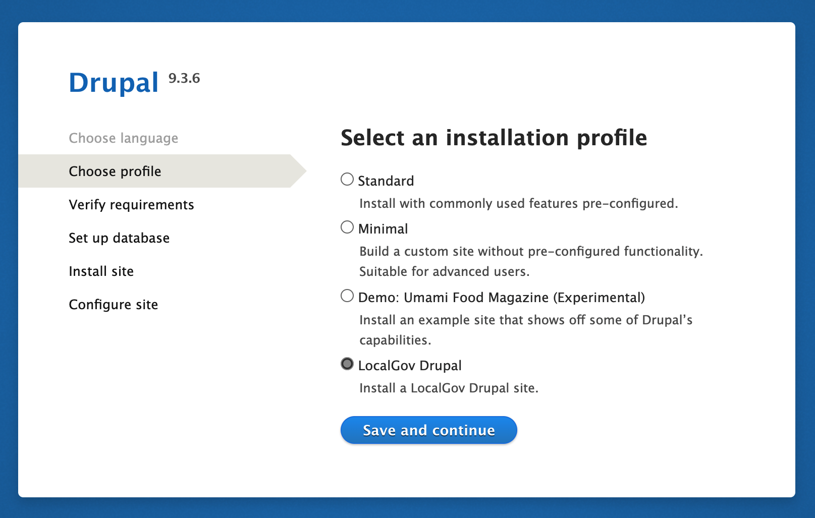 インストール時に表示されるオプション一覧から、LocalGov Drupal を選択