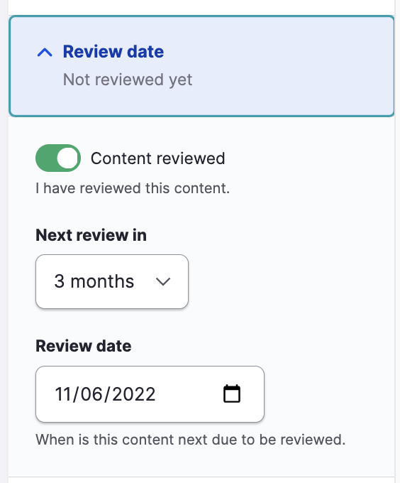 レビュー記録および将来のレビュー予定設定画面