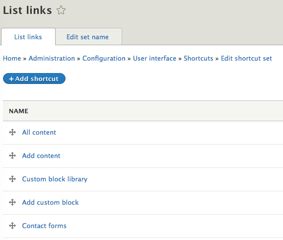 ショートカット管理画面